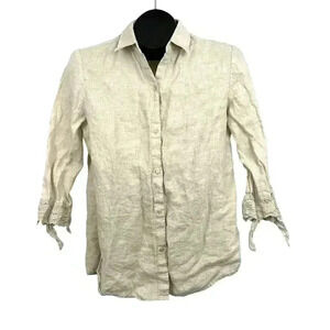 Liz Claiborne Beige 3/4 Sleeve Blouse MEDIUM 100% Linen Crochet